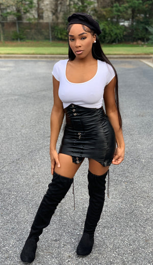 Leather skirt and cheap thigh high boots outfit